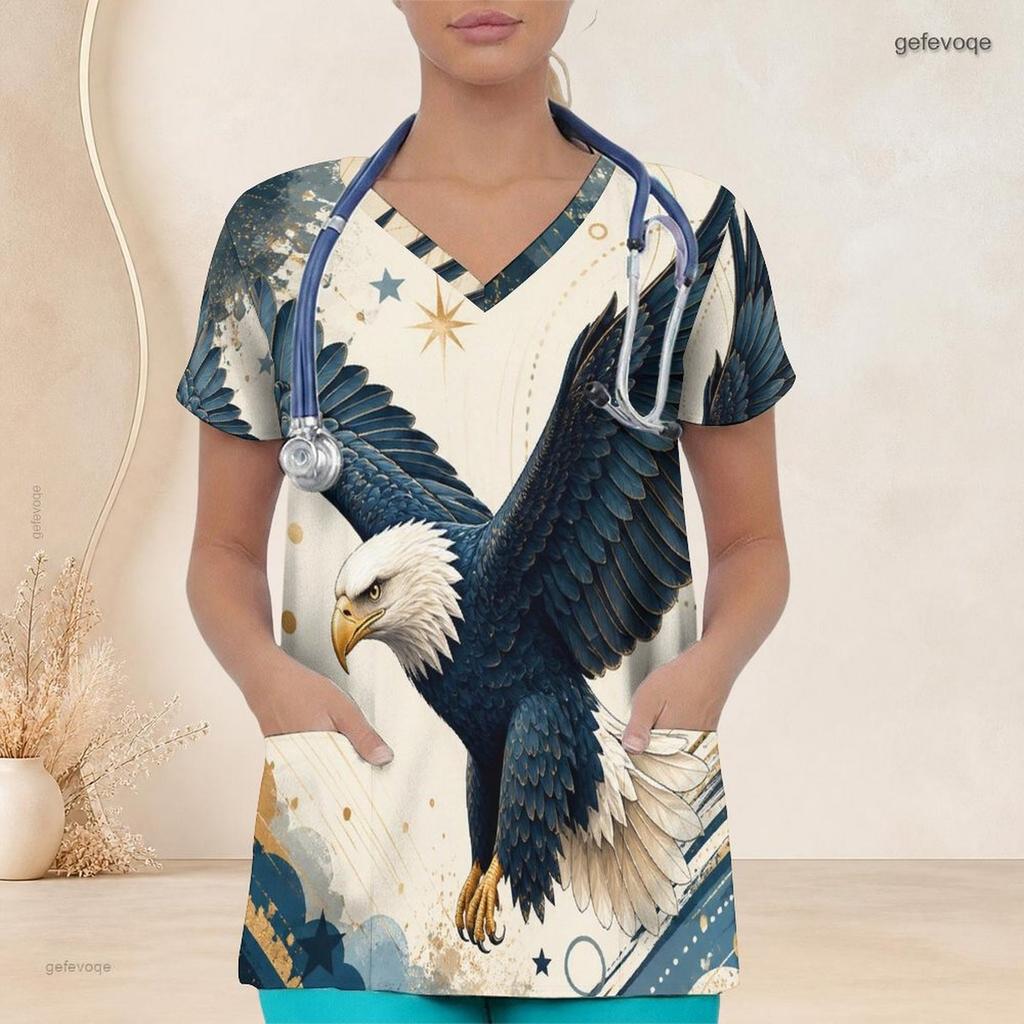 Women Plus Size V Neck Short Sleeve American Eagle Printed Nurse Scrub Top With Front Pockets