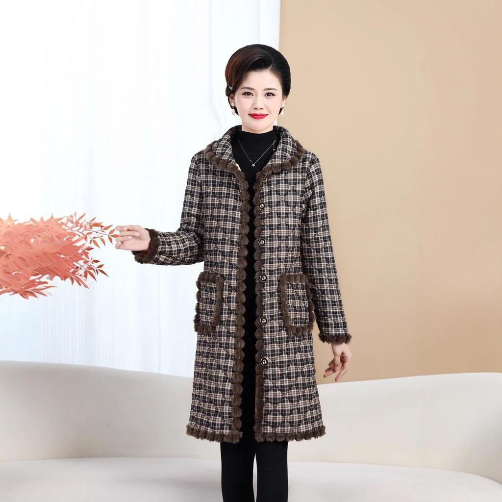Women's Mid-Length Plaid Cotton Jacket - Maternity & Plus Velvet for Autumn/Winter Warmth, Over-the-Knee Style for Middle-Aged & Elderly