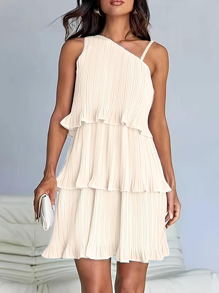 2026 European Cross-Border Women's One-Shoulder Layered Patchwork Pleated Dress