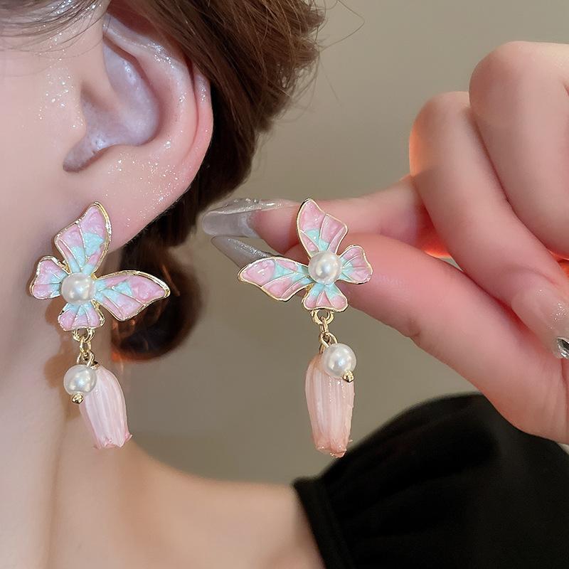 dripping oil contrasting color butterfly wind chimes flower silver needle earrings sweet flower temperament earrings