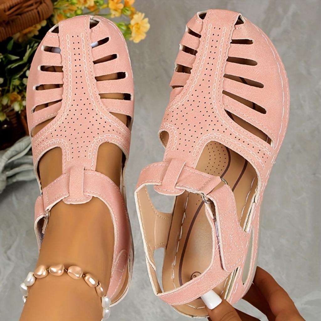 WOMEN'S SOLID COLOR SLOPE HEEL SANDALS WITH TOE STRAP - Comfortable Round Toe Design, Mid-height Heel, Synthetic Overlay Fabric and PU Sole, Sandals