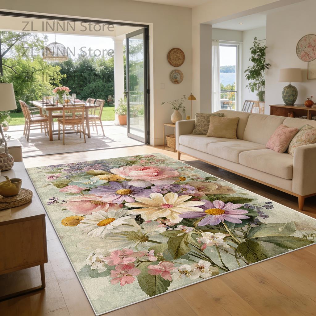Spring Summer Floral Style Living Room Carpet Fresh Decoration Home Pastoral Area Pile Fabric Rug Sofa Bedroom Plush Floor Mat