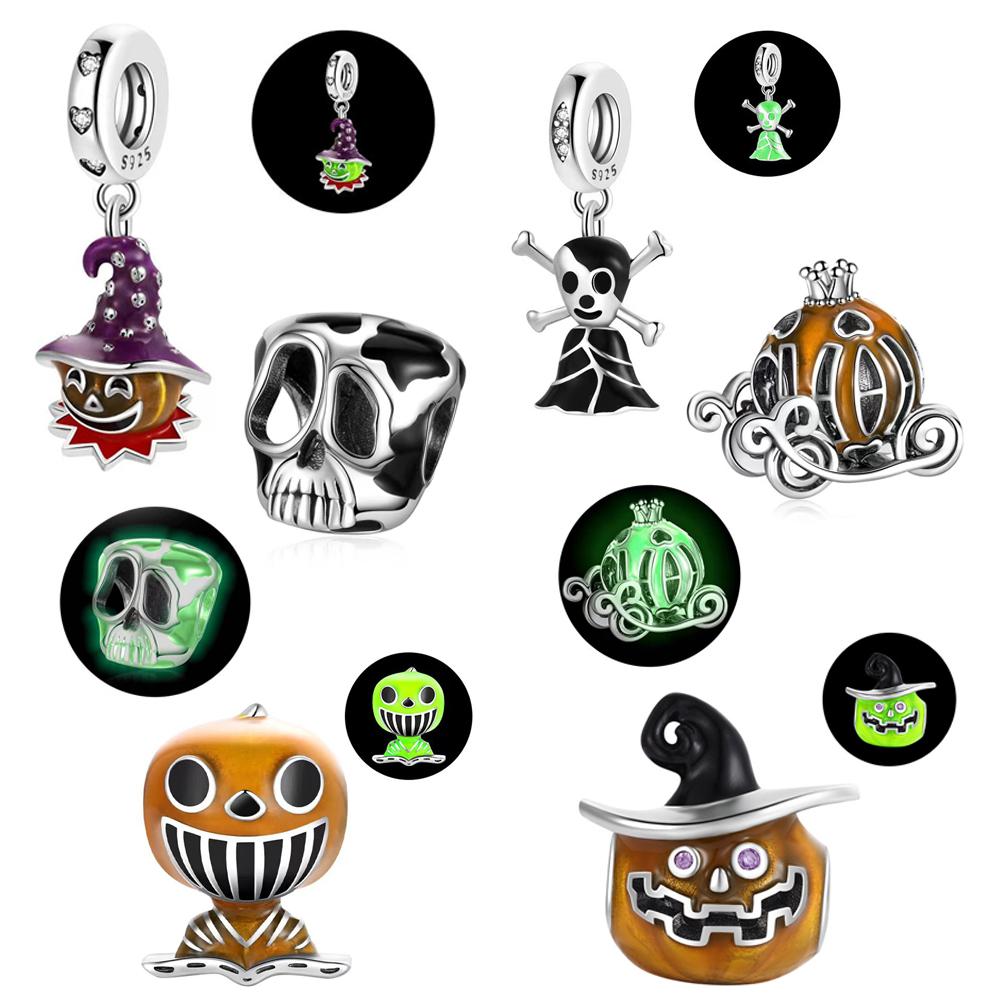 Amazing Night light Pumpkin Skeleton Halloween Series Copper Metal Dangle Charm Bead Component Compatible With Authentic Original Bracelet High