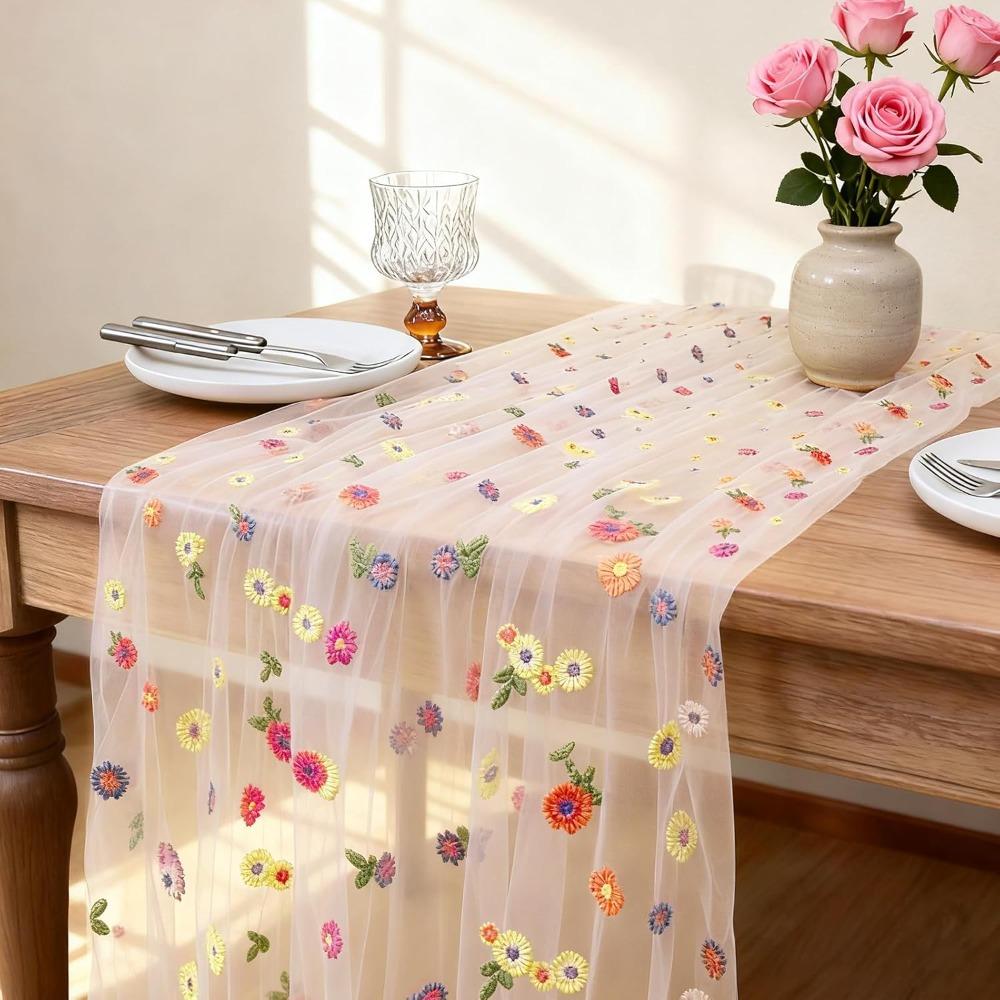 Hot Embroidery Daisy Table Runner Soft Breathable Tulle Table Runner Durable Kitchen Dining Table Decoration for Wedding Party