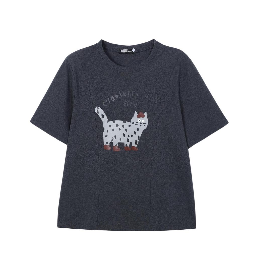 2025 Winter Women's Plus Size Thick Cotton Short Sleeve with Cat Print, Round Neck, Versatile and Extra Large Fit