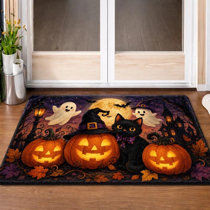 Halloween Black Cat Witch Hat Pumpkin Ghost Doormat Moon Bat Castle Print Indoor Entry Floor Rug Home Holiday Decor