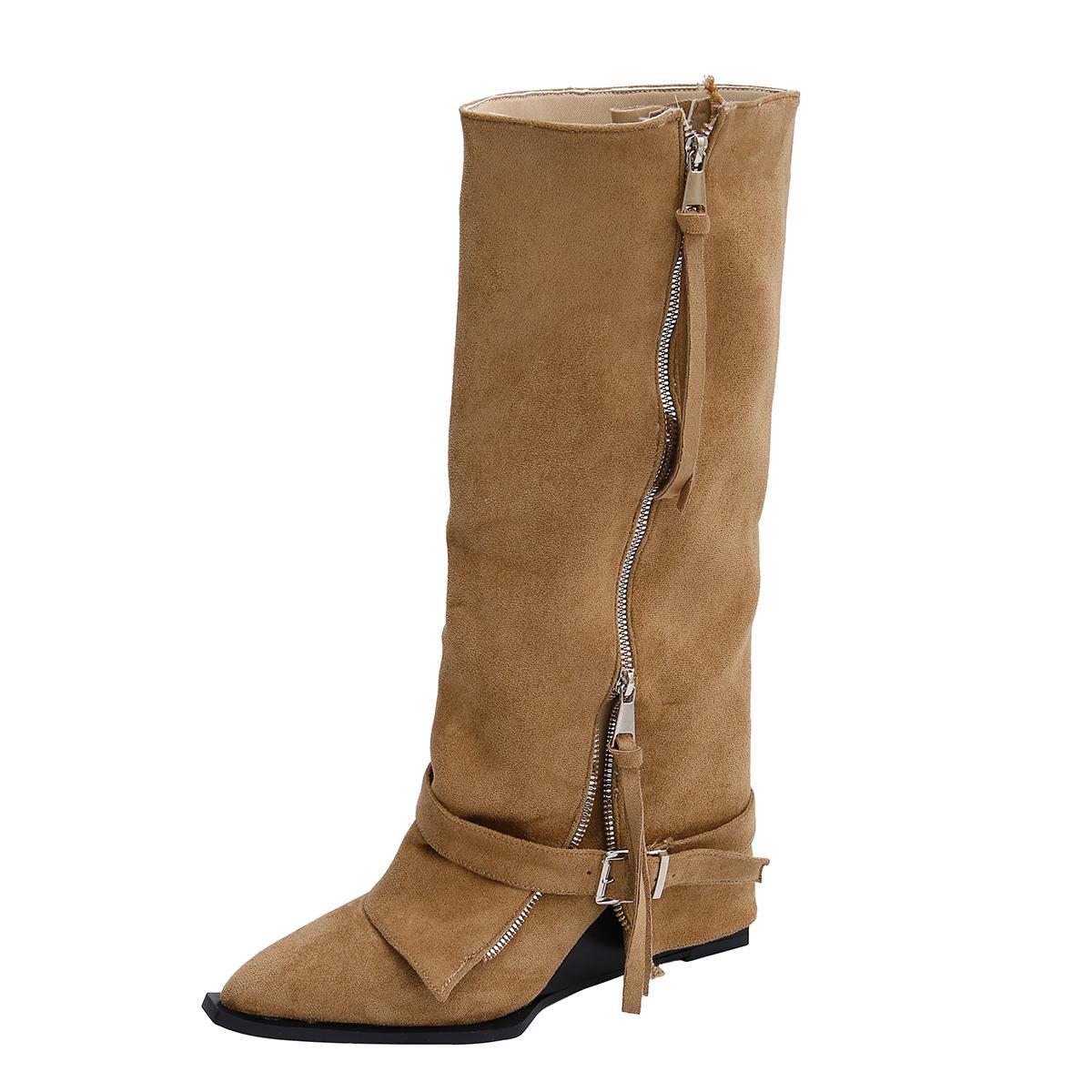

Vintage Wedge Heel Tall Boots Fall Winter New Pointed Toe Suede Side Zip Belt Buckle Soft Sole Single Shoes 43