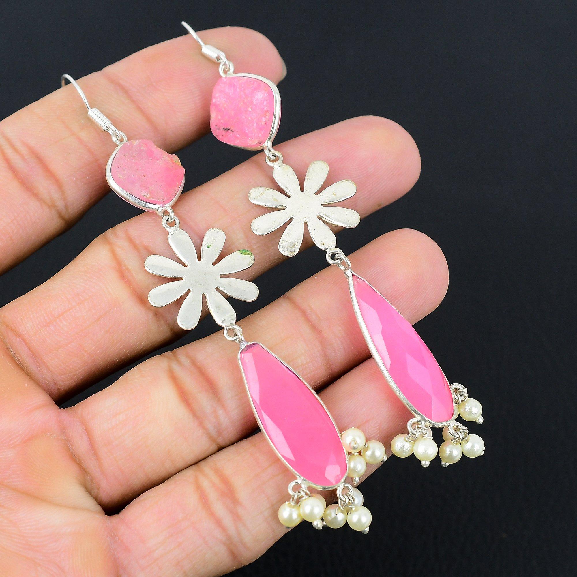 

Daughters Day Sale Pink Chalcedony Stone Boho Dangle Sister Earrings 925 Silver