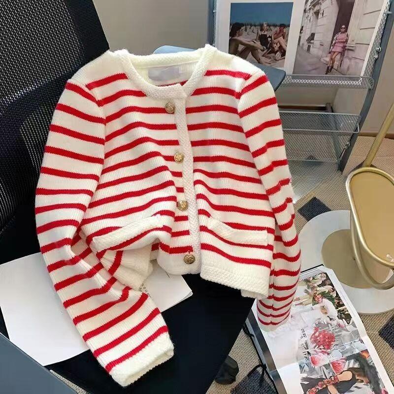 

Полосатый круглый вырез вязаный кардиган для женщин осенняя свободная верхняя одежда женский короткий свитер пальто зимние элегантные облегающие винтажные кардиганы куртки 24916 XL красный