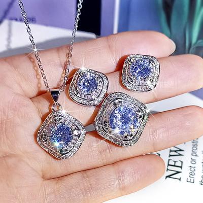 Sterling Copper Square ZC Ring Full ZC Micro Inlaid Earrings Pendant Clavicle Necklace Three-piece Jewelry Set Party Gift
