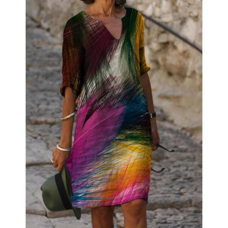 Floral V Neck Cotton Linen Short Sleeve Mid Long Dress S
