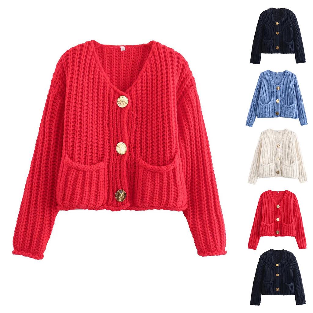 Women's Solid Color Single Breasted Double Pocket Cropped Chunky Knit Cardigan Jacket Sweater