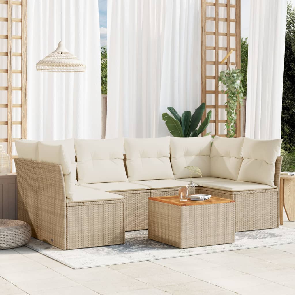 7 Piece Garden Sofa Set with Cushions Beige Poly Rattan