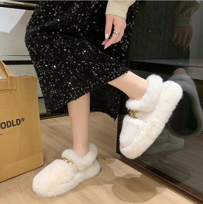 Fashion Luxury Sheep Fur Lined Loafers Women Lambswool Shoes Ladies Winter Slip On Furry Flats Cotton Wool Mocasine Femme Barefoot Boots