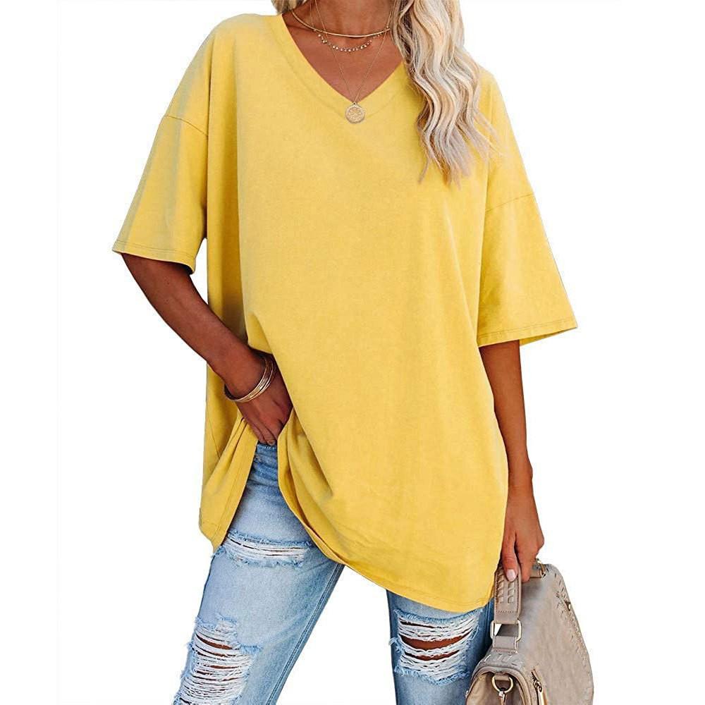 European and American Women's Summer V-Neck Loose Cotton Top – Solid Color, Short-Sleeve