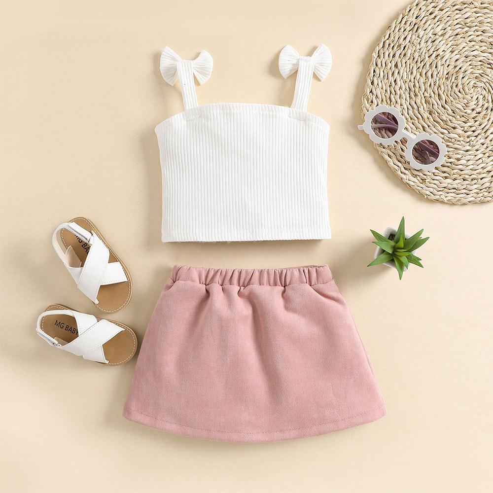 Toddler Baby Girl Outfit Bow Straps Ribbed Knit Tank Tops Belt A-line Mini Skirt Set 2pcs Summer Cute Clothes