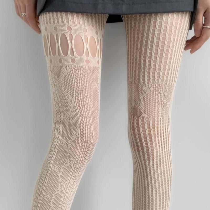 Women's Aesthetic Irregular Fishnet Tights Hollowed Mesh Stockings Heart Striped Patterned Lace Sheer Pantyhose Lingerie