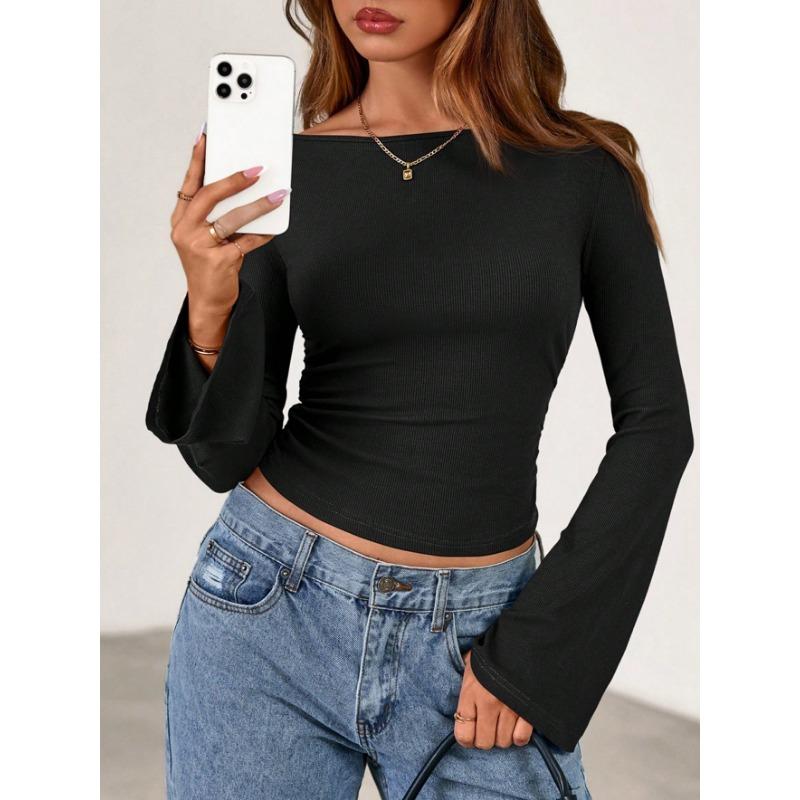 Top da Donna Girocollo Corto Maniche a Svaso Y2k Aderente Versatile Casual Manica Lunga