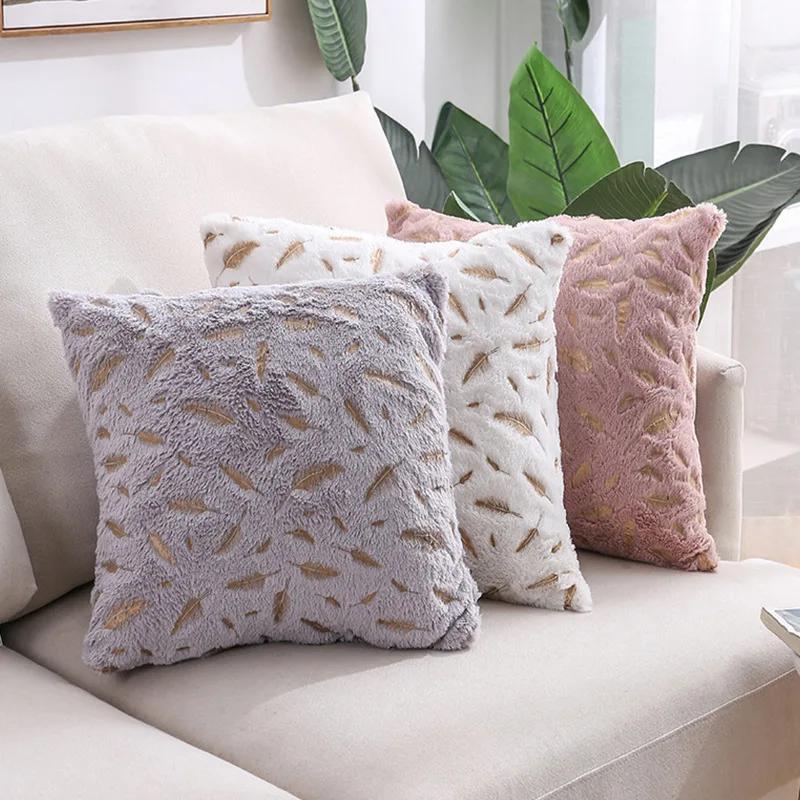 Gold Foil Feather Pillow Cover Short Plush Sofa Cushion Cover Modern Minimalist Throw Pillow Accent Pillowcase Home Decor