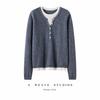 Women's Cashmere Color Block Knit Top: Autumn and Winter Pullover, Round Neck, Fake Two-Piece Design.