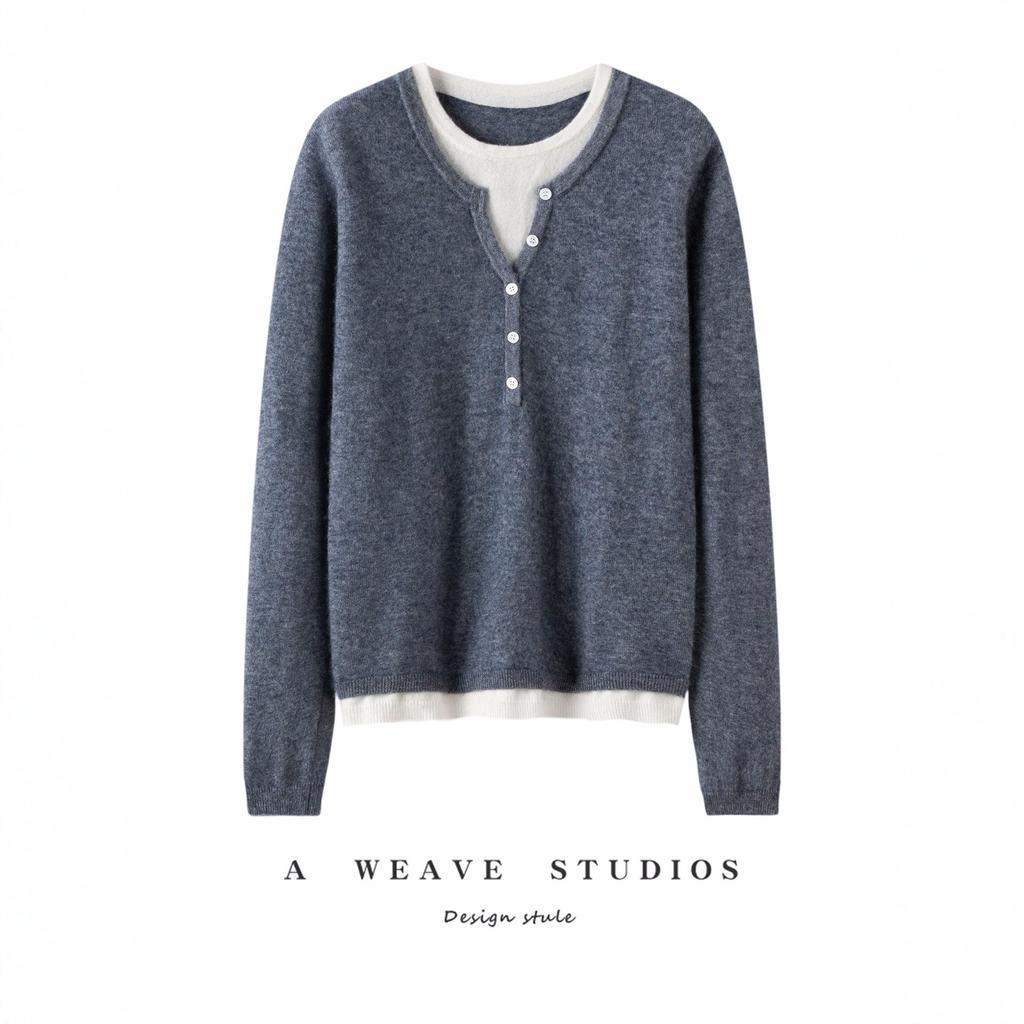 Women's Cashmere Color Block Knit Top: Autumn and Winter Pullover, Round Neck, Fake Two-Piece Design.