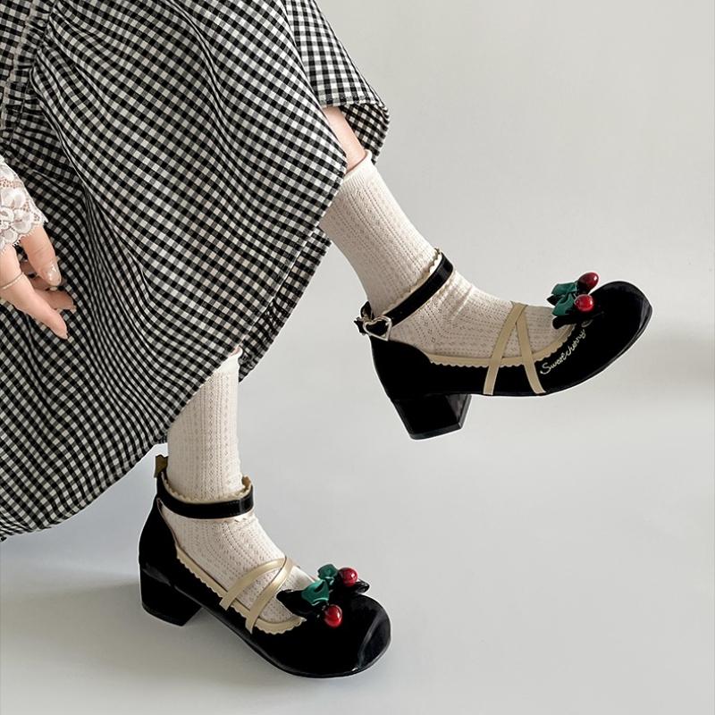 Fashion Autumn Vintage Women Lolita Pumps Elegant Butterfly-knot Leather Footwear Thick Heel Ladies Concise Mary Jane Shoes
