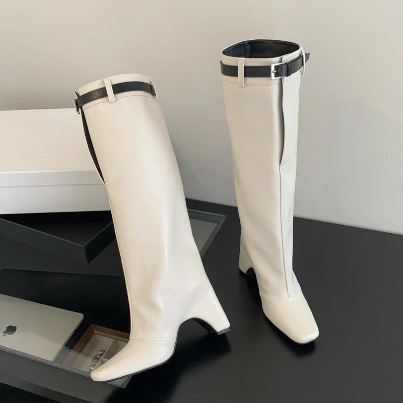 

2026 Winter Street Style Belt Buckle Strap Knee-High Boots Women Square High Heels Booties Stripper Pumps Shoes 35