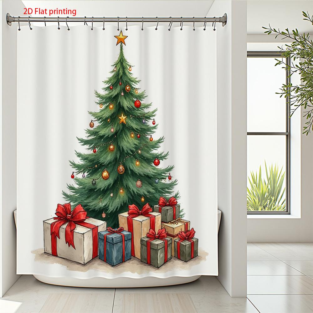 1Pc Christmas Tree Print Shower Curtain - Machine Washable With Hooks, Polyester Fabric Shower Curtain For Bathroom Decoration