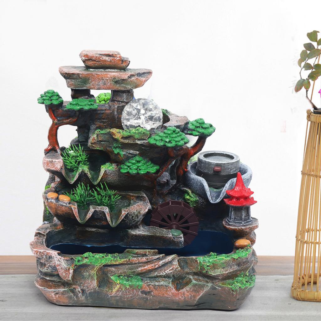 Decorative Resin Fountain with LED Light & Mist Maker - Hand Painted Tabletop Fountain - Multicolor Home Decor for Office Desk