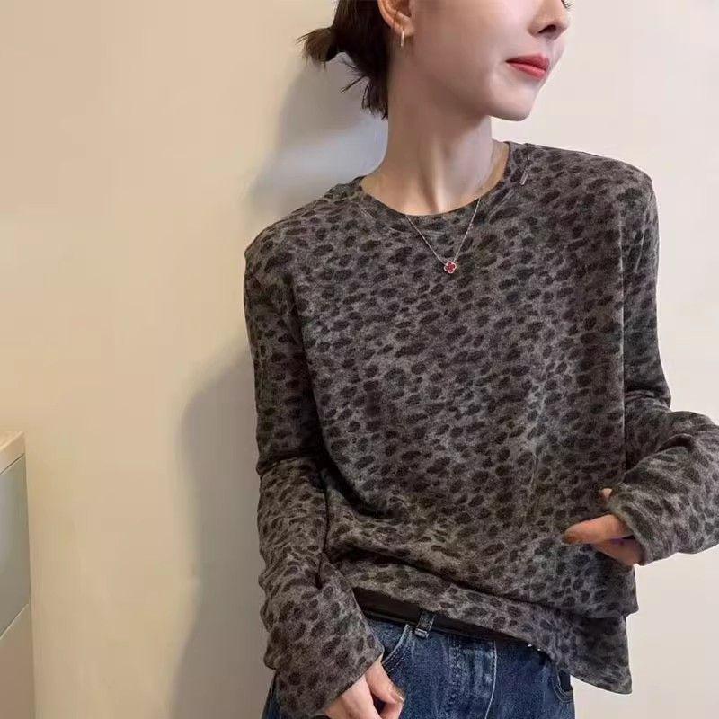 Retro Leopard Print Long Sleeve Slimming Top - Autumn 2025 Korean Style