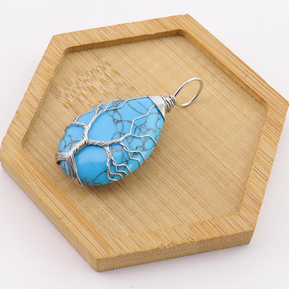 Natural Stone Agate Water Drop Tree of Life Pendant Necklace