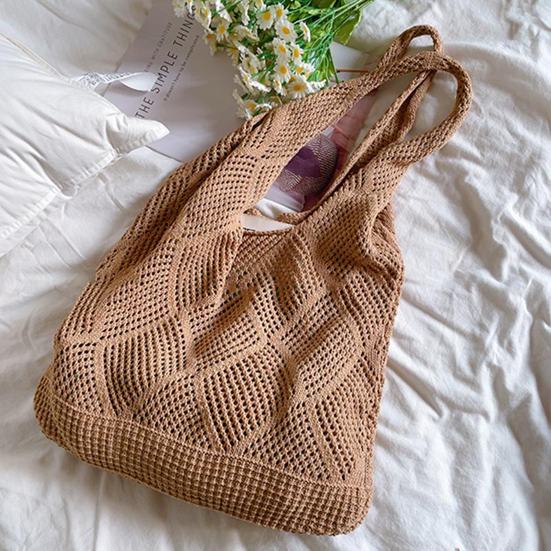 Bolso de playa tejido a mano de crochet para mujer, bolso de mano de punto ligero, bolso de hombro para compras de verano y viajes
