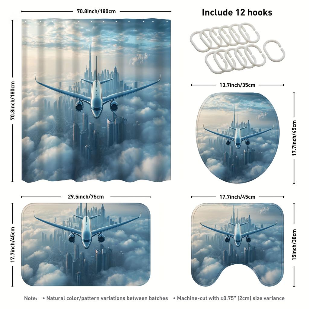 Airplane City View Shower Curtain Set - 3 Soft Bath Mats, Polyester Woven, Customizable Decoration, Ideal Gift For Home/Hotel