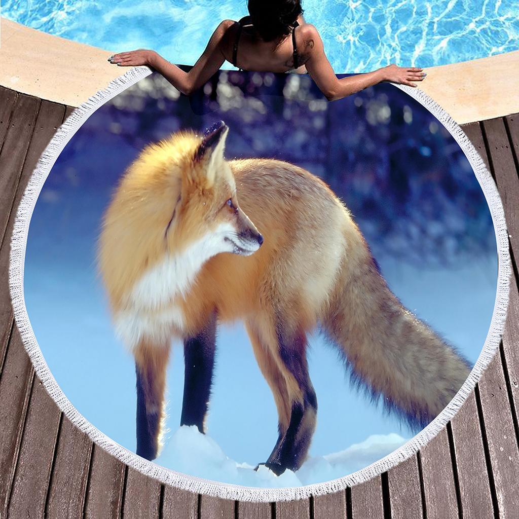 Fox Round Beach Towel, Jungle Wild Animal Beach Blanket,Rustic Farmhouse Woodland Fox Absorbent Quick Dry Pool Towel Picnic Mat