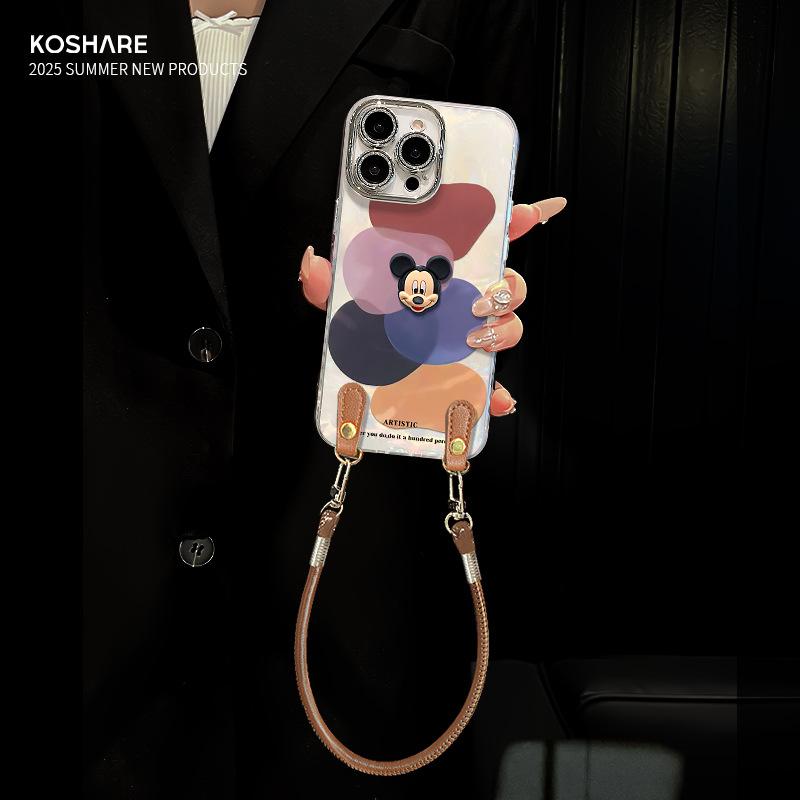 Color block Mickey doll lanyard suitable for Apple 16 cute mobile phone case 13promax cartoon 15 all-inclusive anti-drop 17