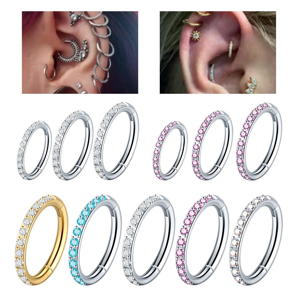 1/5 Pezzi Anelli Naso in Acciaio Zircone CZ 6/8/10/12mm Segmento Cernierato Orecchio Cartilagine Trago Orecchini Helix Cerchi Clicker Piercing Gioielli