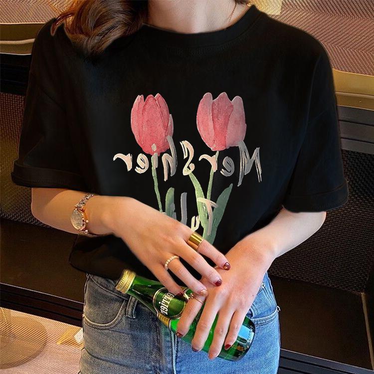 White Cotton Casual ort Sve T-irt Women's Oversize Top Korean Sle Chic Large Size round Ne Print Summer irt