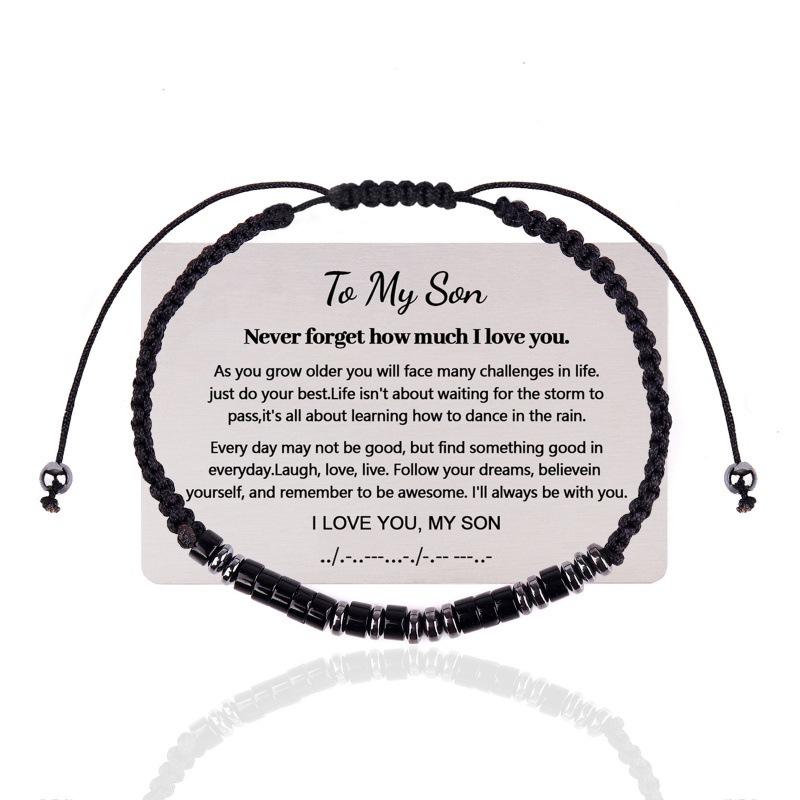 Morse Code Stainless Steel Engraving Steel Brand Bracelet European and American Black Iron Stone Wood Chip Beaded Card Morse Code Bracelet