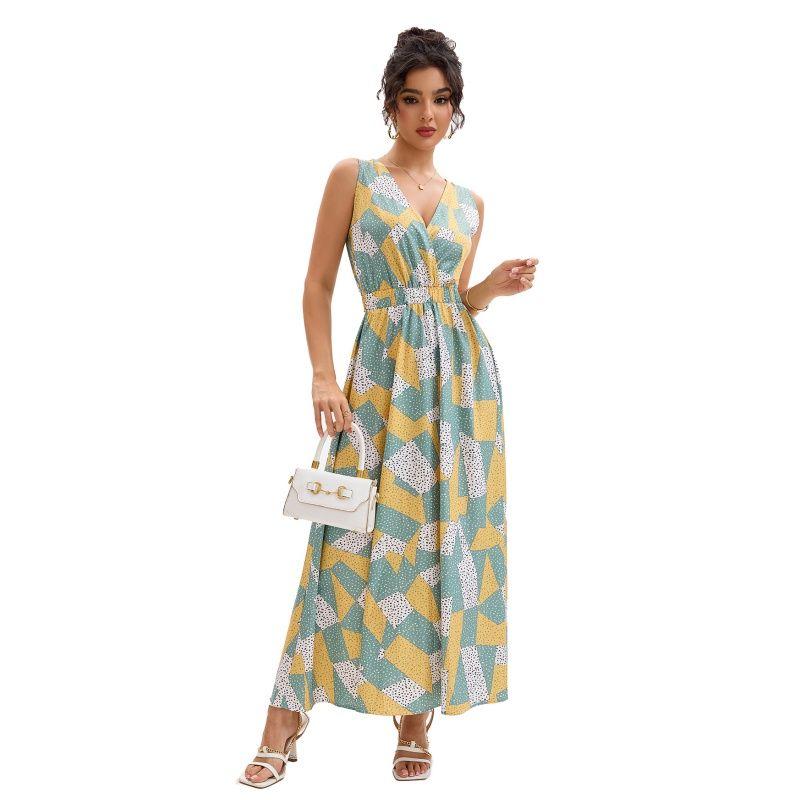 Summer Fashion Print Sleeveless V-neck Women Dress Swing Dress