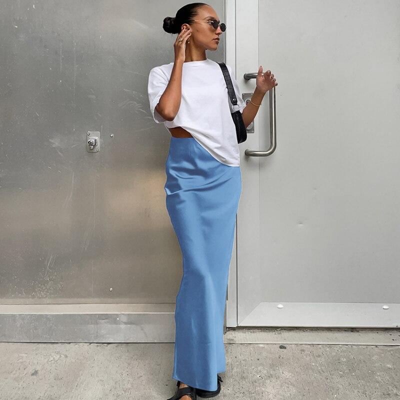 Skirt Satin Black Slim Trumpet High Waist Skirts Fashion Women 2023 Summer Solid Office Lady Long Skirt Female Elegant 27694