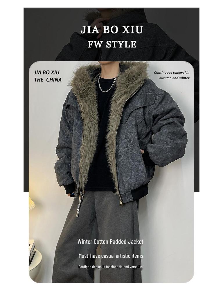 Men's Hooded Fur Collar Cotton Jacket: Winter High-End Plus Velvet Thickened Outerwear