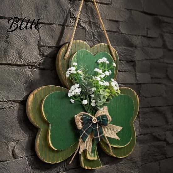 Rustic Farmhouse Door Hanger St. Patrick's Day Wooden Clover Sign with Hemp Rope, Double Layer Shamrock Hanging Greenery for Doors Decor Artificial