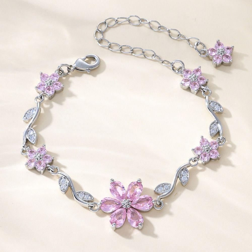 Luxury Pink Cubic Zirconia Chain Fashion Shiny Rhinestone Bangle  For Women