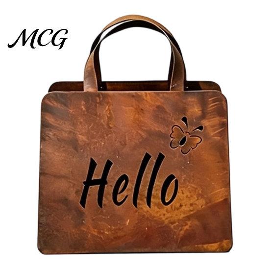 Curved Metal Handle Planter Handbag Planter, Rustic Purse Flower Box with Handle, Double-Sided Hello Dried Display Welcome Design Vintage Farmhouse коричневый