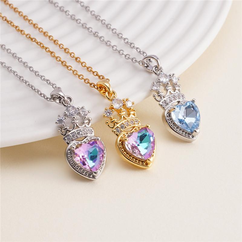 High Grade Crown Heart Zircon Pendant Necklace Stainless Steel Chains Geometric Choker Jewelry Party Gifts For Women Girls