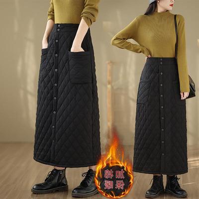 Women's High Waist Extra Long Windproof Down Cotton A-line Skirt - Thickened, Buttoned, Plus Size Winter Style