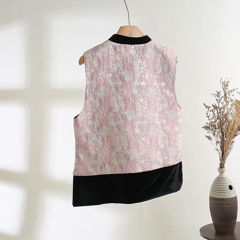 Early Spring 2025 Velvet Splicing Vest Retro Loose Crew Neck Jacquard Button Top