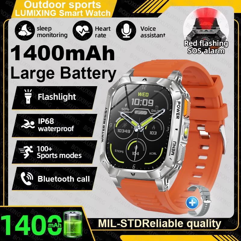 Military outdoor Smart Watch Fitness Clock Men 2.01 inch AMOLED Screen 1400mAh Battery Flashlight HD Call Waterproof Smartwatch