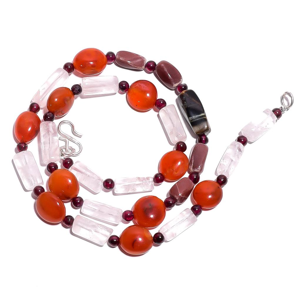 Natural Carnelian Rose Quartz Garnet Gemstone Smooth Beads Necklace 17" UB-4785 UB-4785