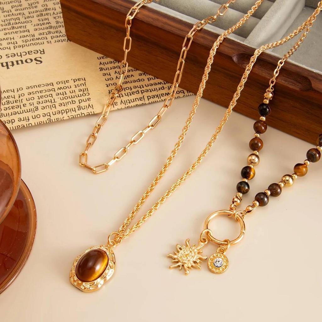 Salircon 3 Pcs/set Vintage Sunflower Brown Stone Beads Pendant Necklace for Women New Trendy Charms Sweater Chain Jewelry Gifts